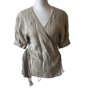 Club Monaco Tan Beige Linen Short Sleeve Wrap Top Blouse Womens Size XS